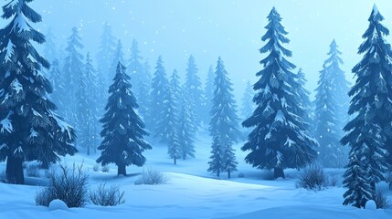 Fototapeta premium Serene Winter Landscape with Snow-Covered Pine Trees in Mysterious Fog and Gentle Snowfall