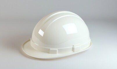 White hard hat safety equipment, studio shot, construction site background, safety regulations