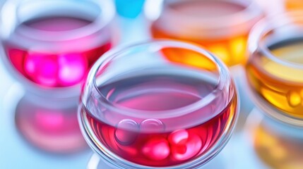 Colorful glass bowls filled with vibrant liquids on a table
