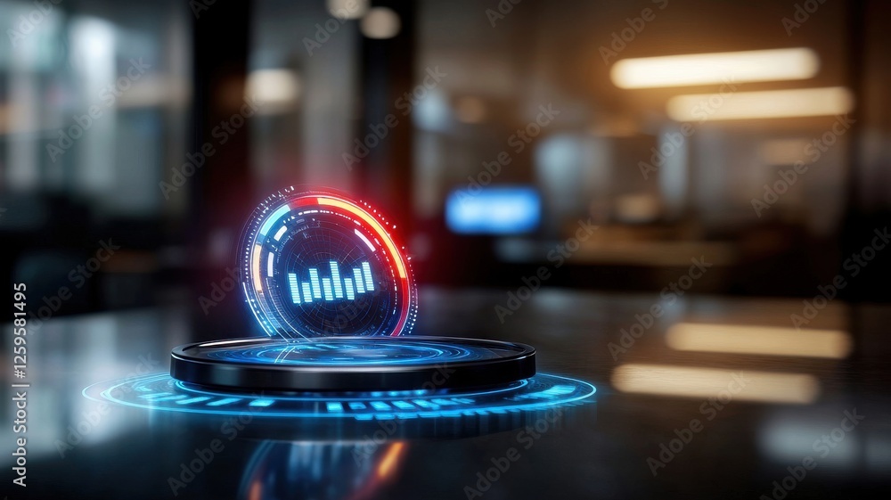Poster interactive data visualization display modern office digital art high-tech environment close-up view