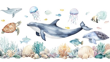 Obraz premium Watercolor painting features marine life including dolphins turtles and fish
