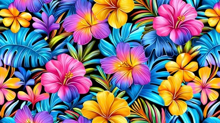 Vibrant Tropical Floral Pattern with Colorful Flowers and Leaves