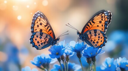 Obraz premium Two vibrant butterflies perched on delicate blue flowers, surrounded by a soft, glowing background