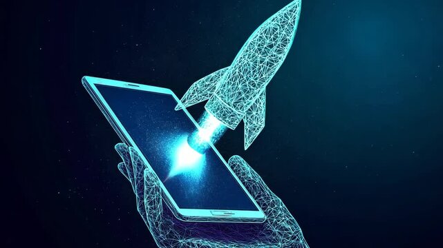 human hand holding tablet screen rocket start launch startup development business technology low poly wireframe ai generated video concept