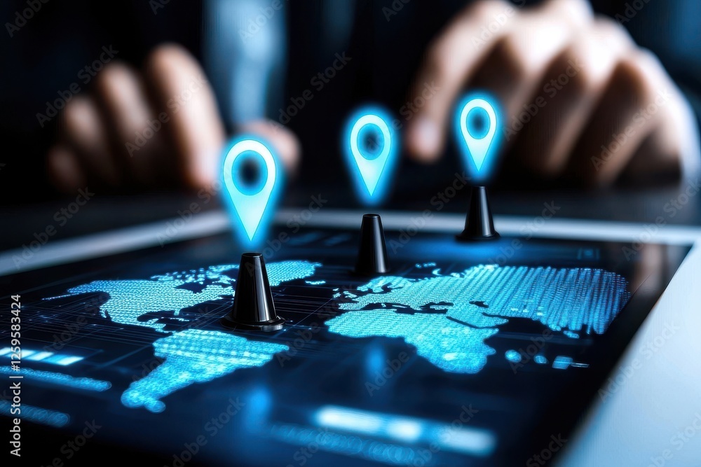 Poster mapping technology action with digital pins on global map business environment interactive viewpoint