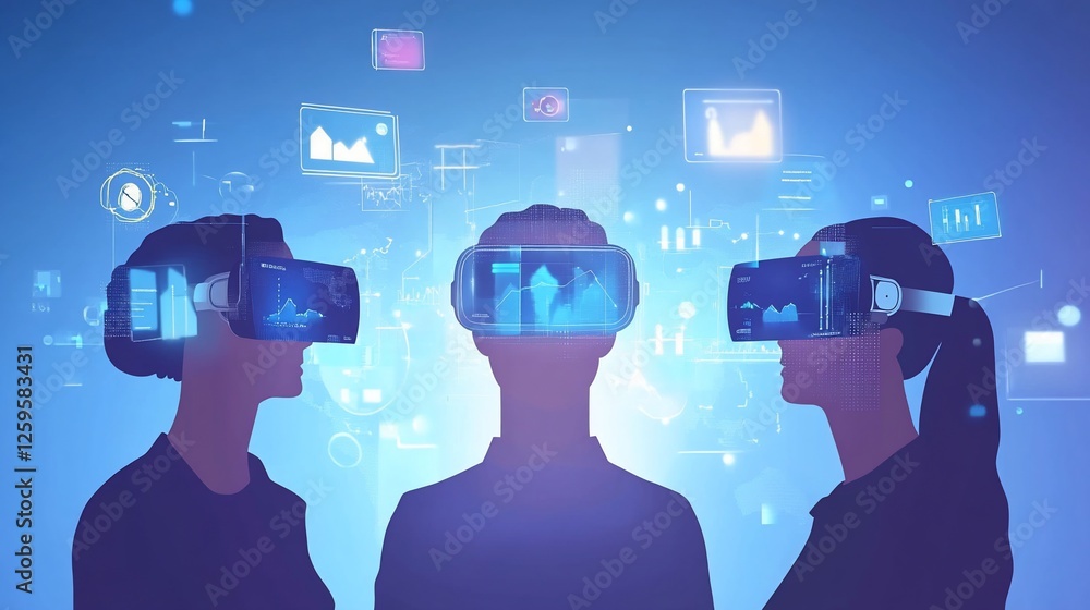 Poster virtual reality business collaboration: three professionals immersed in data visualization using vr 