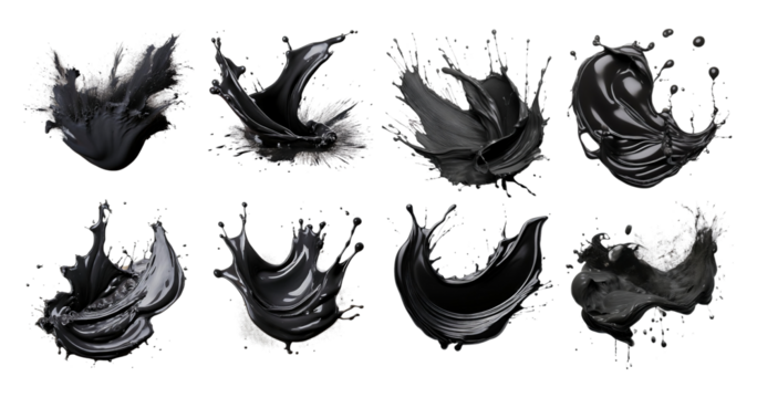Diverse Black Paint Splash Designs for Creative Projects and Graphics, isolated on transparent background