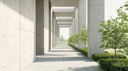 Monumental Eco-Brutalist Architecture: Urban Oasis with Orchard Views - Cinematic Ultra-Detailed Design of Tall Corridor and Potted Shrubs