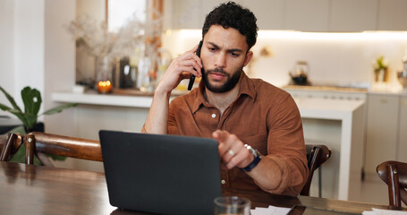Finance, man and phone call with laptop in home for online consultation, loan invoice query or...