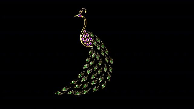 Represent a wedding scenario with a golden peacock in flat vector animation. Characters engage in ceremonial wedding events, surrounded by golden peacock imagery in a sleek, minimalist style.