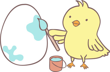 Cute Groovy Easter Chick coloring eggs. Playful cartoon doodle animal character hand drawing. 
