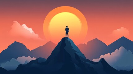Business professional standing on a mountain peak with a sunrise, symbolizing growth, vision, and success, nature-inspired leadership in realistic picture.