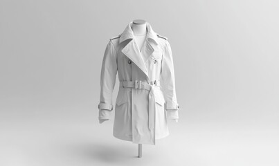 White trench coat on mannequin, studio shot, minimalist background, fashion apparel