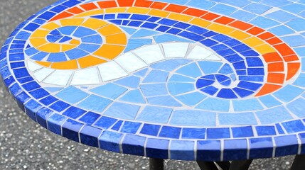 Colorful Mosaic Table Design with Spirals and Patterns in Blue