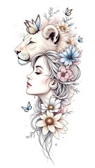 a line art and tattoo design with continue aesthetic, a concept of a lion with girl's tattoo design with flowers and butterflies blend art