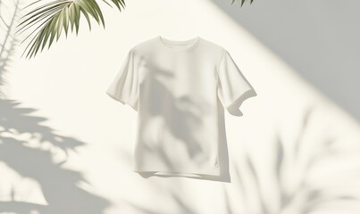 White T-shirt mockup, sunlight, palm shadows, summer fashion