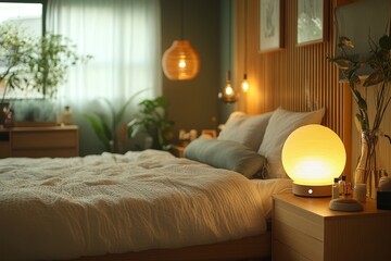 Cozy bedroom, warm lights, plants, night