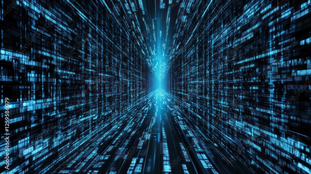 Poster blue digital data stream tunnel visualizing information technology