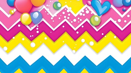 Colorful Zigzag Pattern with Bright Bubbles and Hearts on Background