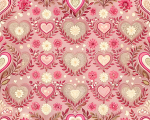 Romantic Floral Hearts Pattern. Pink Background