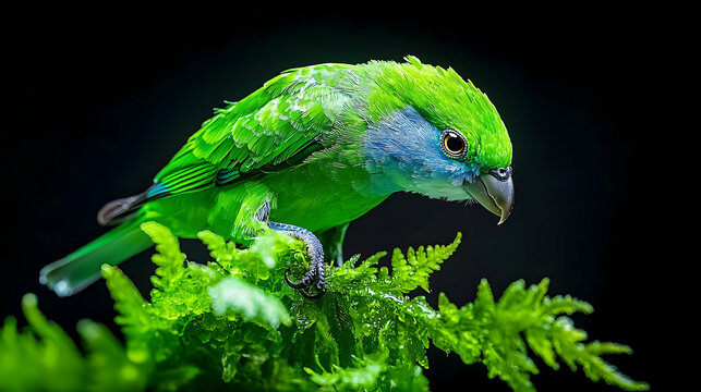 Vibrant green and blue parrotlet perching on a lush green fern against a dark background.