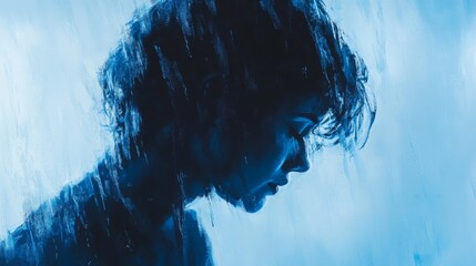 Abstract profile study, transparent rain texture, moody blue tones, minimalist white background, contemplative expression, artistic double exposure, modern portrait composition, serene atmospheric