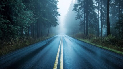 Atmospheric empty rural highway disappearing into fog, tall trees creating natural tunnel, morning mist rising from forest, wet road surface, forest corridor, dramatic perspective, monochromatic