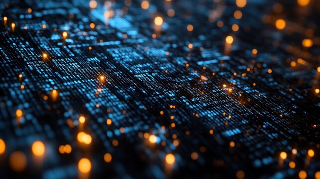 Abstract digital background with glowing particles and binary code flow