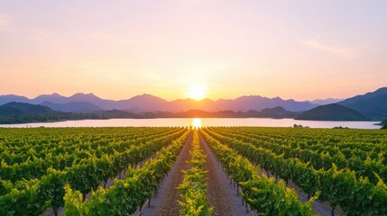 Fototapeta premium Serene sunset over lush vineyard rows with mountains and lake in the background, peaceful ambiance