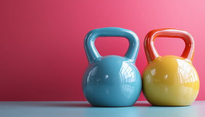 Colorful kettlebells on pastel background, perfect for fitness