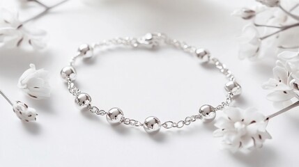 Elegant Silver Beaded Bracelet on White Background with Flowers