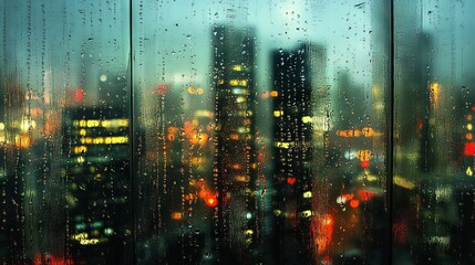 Fototapeta premium high-rise buildings viewed through rain-streaked glass, misty urban landscape, water beads on transparent surface, atmospheric night scene, minimalist composition, contemporary cityscape, abstract