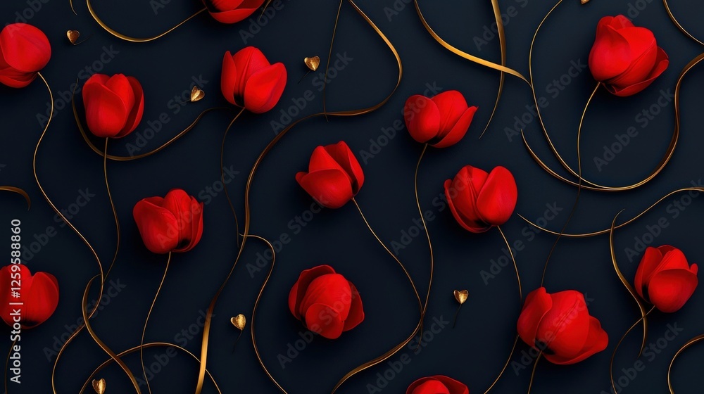 Poster tulips with golden stems intertwining in a seamless pattern