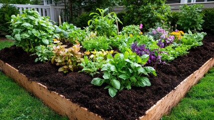 Raised garden bed with various vegetables and flowers. Backyard planting. Possible use Home gardening inspiration