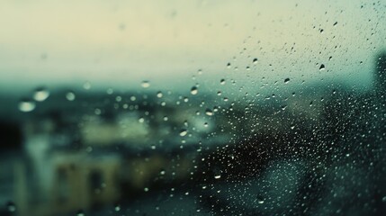 Rain-covered double glazed window, blurred residential neighborhood, detailed water beads, british garden scenery, muted color palette, depth of field photography, environmental documentary, dreamy
