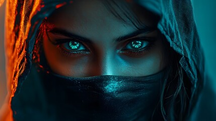 Naklejka premium Cyberpunk Enigmatic Woman: Glowing Eyes in the Dark