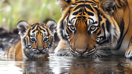 A mother tiger and her cub drinking water together in a serene natural habitat, showcasing wildlife