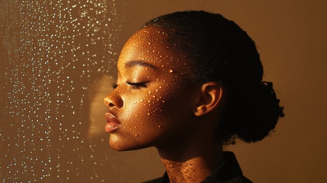 Emotional portrait photography, water drops on window, soft natural skin tones, side view composition, atmospheric lighting, macro detail, minimalist style, reflective mood