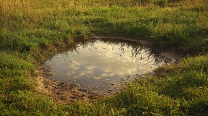Obraz premium environmental reflection photography, natural water mirror in field, wild grass surrounding puddle, moody sky reflections, organic landscape composition, golden hour atmosphere, rural meditation scene