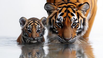 Fototapeta premium Majestic tigers wading through calm water, showcasing a nurturing bond in a serene environment