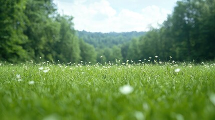 Lush green grass field with wildflowers and trees in the background, perfect for nature or outdoors theme