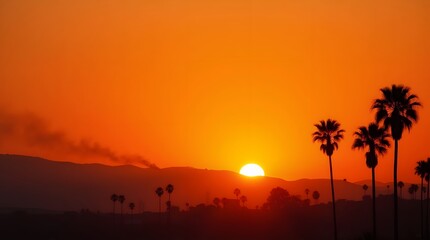 Fototapeta premium Iconic palm trees silhouetted against an orange sunset in Los Angeles with smoke rising from the hills