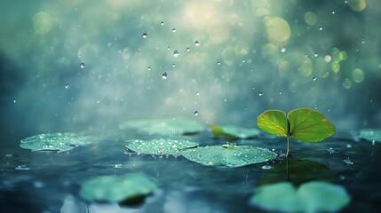 Fresh rain falling through verdant leaves, crystalline water droplets, botanical photography, misty background blur, natural elements, environmental portrait, monsoon season aesthetic, organic