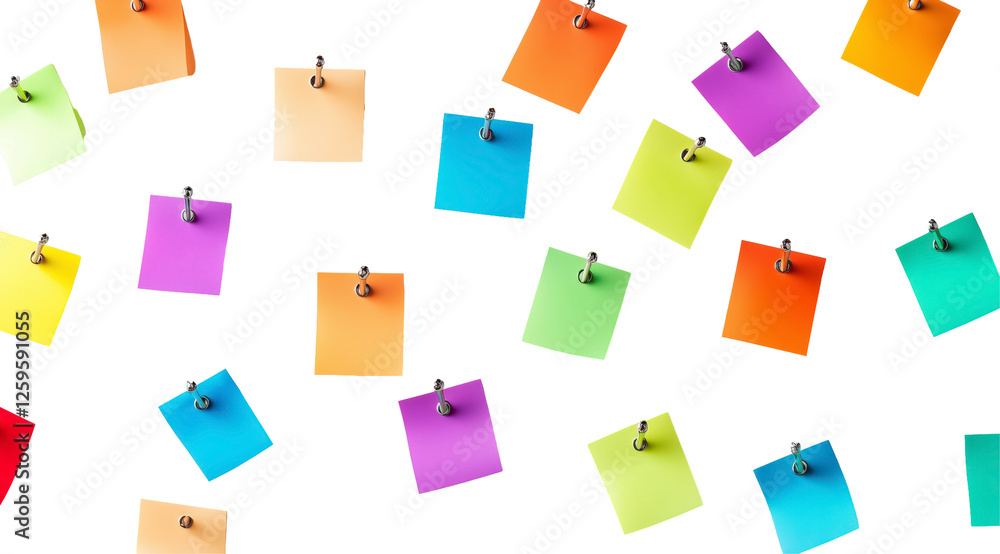 Poster rainbow of notes: a vibrant collection of colorful sticky notes, pinned with mini clips, create a ch