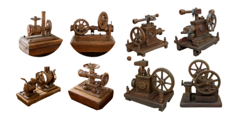 Vintage Model Steam Engine Collectibles Display, PNG collection, set bundle, isolate on transparent or white background