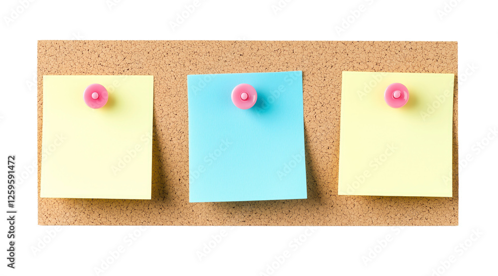Poster blank sticky notes on corkboard: a simple, yet versatile image of three blank sticky notes pinned to