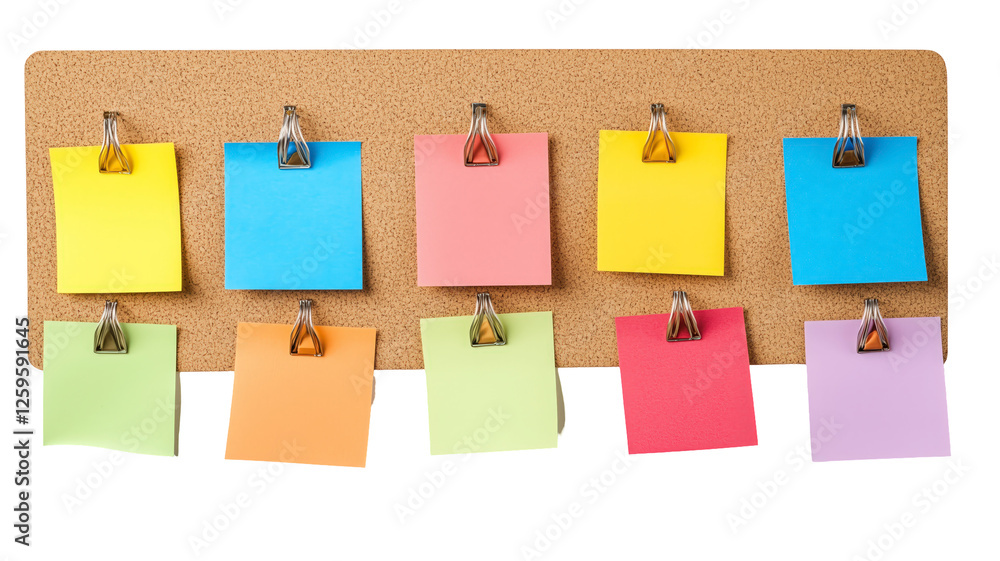 Poster colorful sticky notes: a cork board displays a vibrant array of colorful sticky notes, each held sec