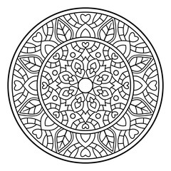 Hand drawn mandala, design of botanical, natural theme. coloring book page, decoration, background, tattoo, wallpaper, sticker.