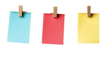 Colorful Notes on Clips: Three blank rectangular notes in light blue, coral, and yellow, each secured with a small wooden clothespin, offer a vibrant and versatile visual for various uses.