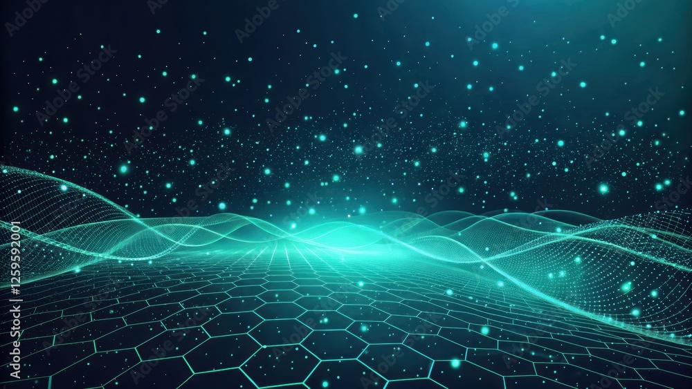 Poster futuristic and technology background concept, digital wave pattern with glowing hexagons
